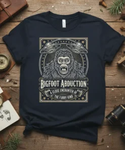 Bigfoot Abduction A Close Encounter of The Furry Kind t-shirt design featuring a detailed Bigfoot illustration and UFOs