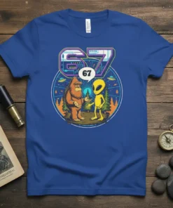 Bigfoot Alien Encounter 67 detailed graphic design printed on comfortable cotton t-shirt