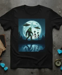 Bigfoot Alien Encounter t-shirt design with Bigfoot, aliens, and UFOs under a full moon
