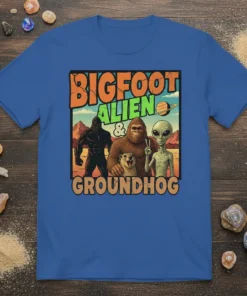Bigfoot Alien & Groundhog retro graphic t-shirt design featuring three characters with vintage style text
