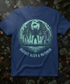 BIGFOOT ALIEN & MOTHMAN bold graphic design printed on comfortable cotton t-shirt