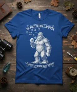 Bigfoot blowing bubbles graphic t-shirt with text "BIGFOOT BUBBLE BLOWER CHAMPION OF SHIMMERING SPHERES"