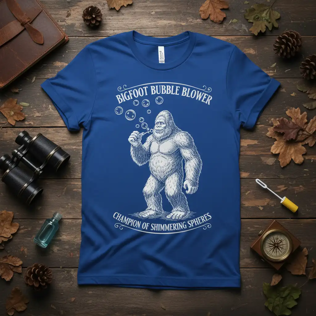 Bigfoot Bubble Blower Champion of Shimmering Spheres graphic tee design with creature blowing bubbles