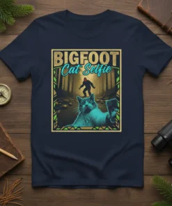BIGFOOT Cat Selfie t-shirt design featuring a surprised cat taking a selfie with Bigfoot in the background of a forest