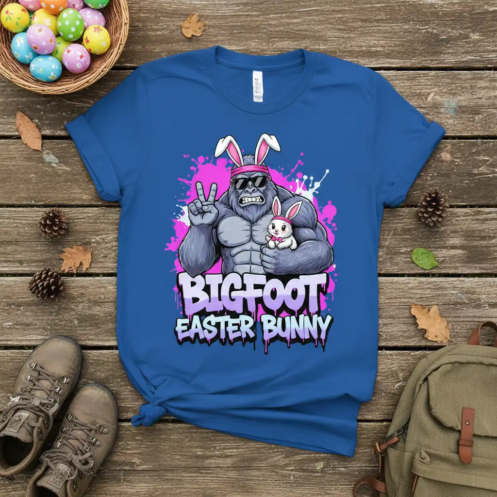 Muscular Bigfoot with bunny ears holding a baby bunny, text reads BIGFOOT EASTER BUNNY on blue t-shirt