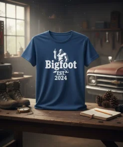 Bigfoot EST. 2024 T-Shirt with a Bigfoot graphic giving a middle finger and distressed white text