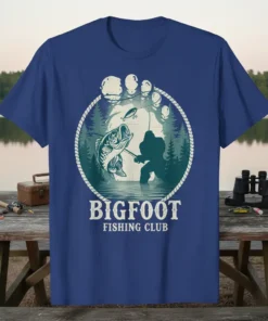 Bigfoot Fishing Club t-shirt design showing Bigfoot fishing next to a large bass, within a footprint graphic