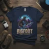 Bigfoot playing electric guitar with "BIGFOOT FOREST JAM LEGEND" text, surrounded by mountains and starry sky