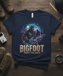 Bigfoot playing electric guitar with "BIGFOOT FOREST JAM LEGEND" text, surrounded by mountains and starry sky