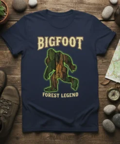 Bigfoot Forest Legend graphic tee featuring a bark-textured Bigfoot silhouette and bold text on a navy shirt