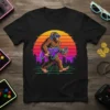 Bigfoot wearing VR headset and headphones, holding a video game controller, walking in a retro sunset cityscape. Bigfoot Gamer VR
