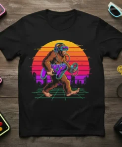 Bigfoot wearing VR headset and headphones, holding a video game controller, walking in a retro sunset cityscape. Bigfoot Gamer VR