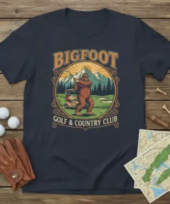 Bigfoot Golf & Country Club t-shirt design featuring Bigfoot swinging a golf club with a golf cart and mountains in