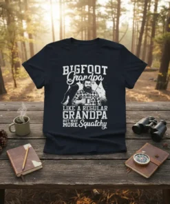 Bigfoot Grandpa Like A Regular Grandpa But Why More Squatchy t-shirt with bearded man graphic and forest background