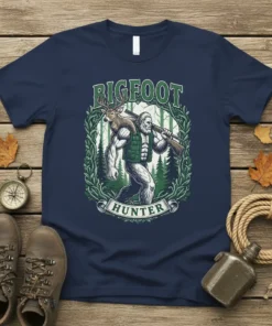 Bigfoot Hunter t-shirt design with Bigfoot carrying a deer and rifle, surrounded by a forest wreath