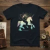 Bigfoot riding a colorful unicorn through a starry galaxy, primary keyword Bigfoot Riding Unicorn, graphic t-shirt design