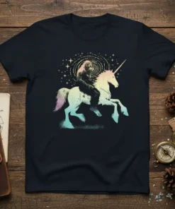 Bigfoot riding a colorful unicorn through a starry galaxy, primary keyword Bigfoot Riding Unicorn, graphic t-shirt design