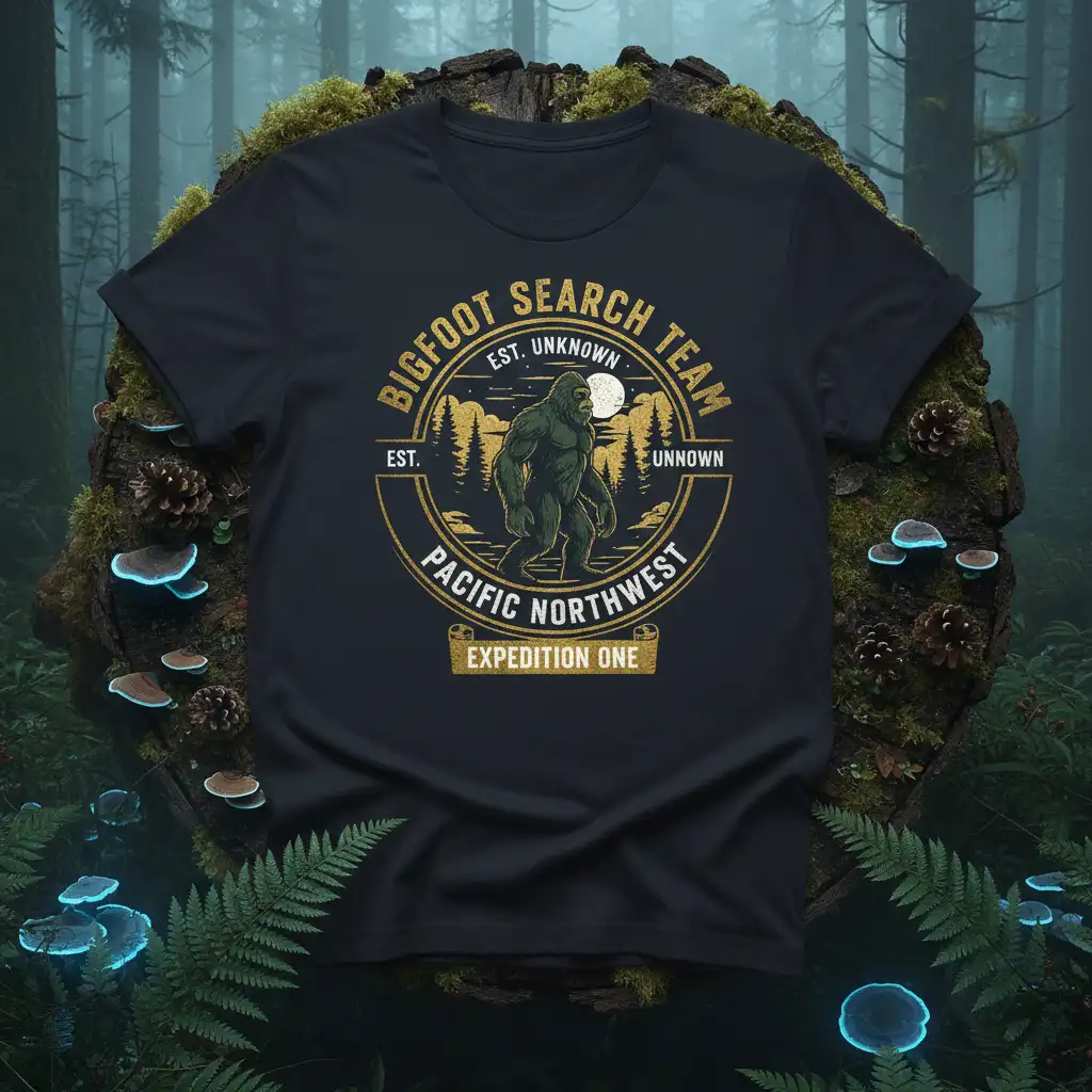 BIGFOOT SEARCH TEAM EST. quote printed with bold typography on soft premium material t-shirt design
