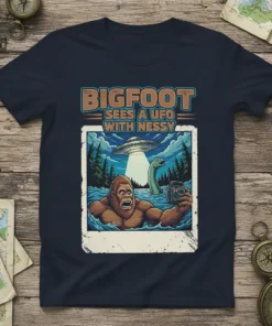 Bigfoot Sees A UFO With Nessy t-shirt design featuring Bigfoot taking a selfie with Nessy and a UFO in the