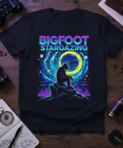 Bigfoot Stargazing graphic t-shirt design with Bigfoot silhouette looking at a swirling galaxy and moon