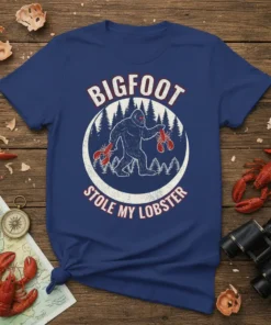 Bigfoot Stole My Lobster t-shirt design with Bigfoot holding lobsters in a forest circle