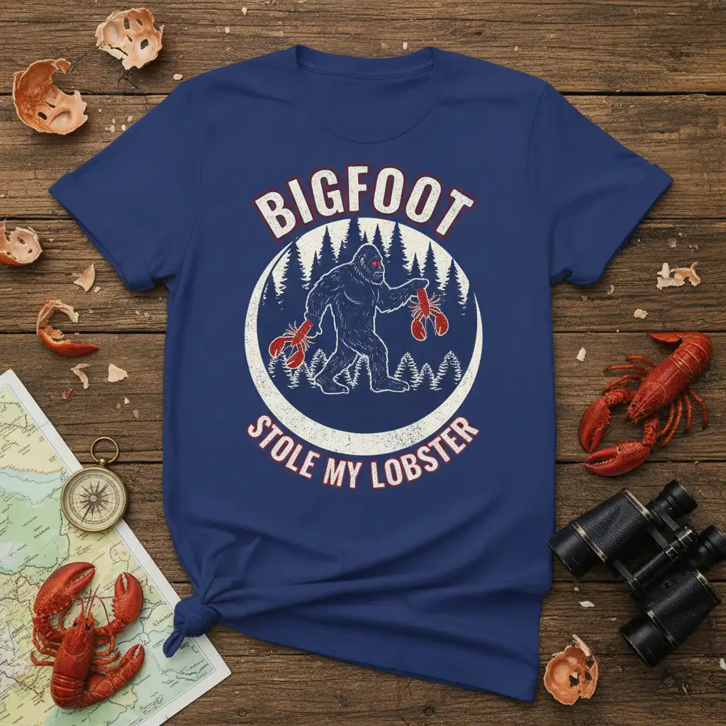 Bigfoot Stole My Lobster quote tee featuring Bigfoot carrying lobsters in a woodland scene
