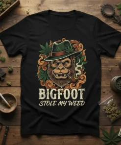 Bigfoot Stole My Weed t-shirt design with a cartoon Bigfoot wearing a hat and smoking a pipe surrounded by cannabis