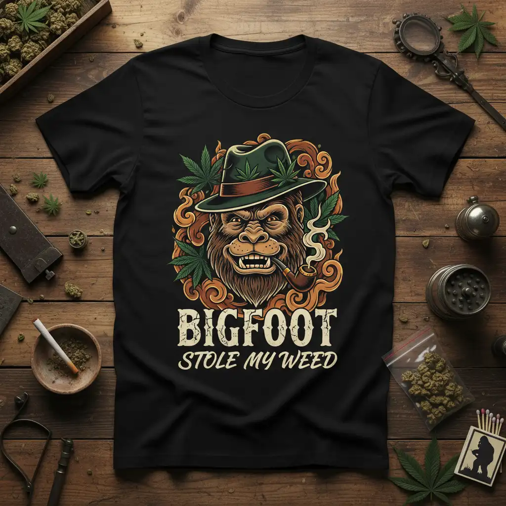 Bigfoot Stole My Weed graphic tee featuring a smoking cryptid with cannabis leaf accents