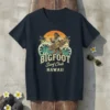 Bigfoot Surf Club Hawaii t-shirt design with Bigfoot holding a surfboard on a wave, retro sunset and palm trees
