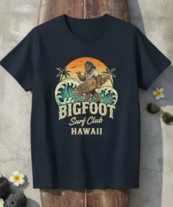 Bigfoot Surf Club Hawaii t-shirt design with Bigfoot holding a surfboard on a wave, retro sunset and palm trees
