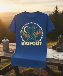 Bigfoot T-Shirt with a vintage circular design featuring Sasquatch silhouette, moon, stars, and pine trees