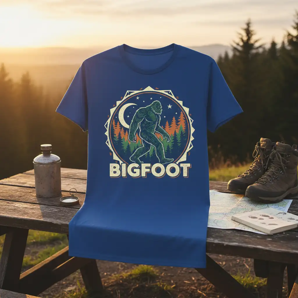 Vintage Bigfoot T-Shirt design with Sasquatch silhouette, moon, stars, and forest graphic