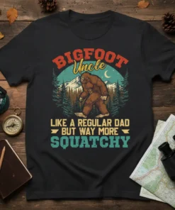 Bigfoot Uncle Like A Regular Dad But Way More Squatchy text with Bigfoot graphic on a black t-shirt