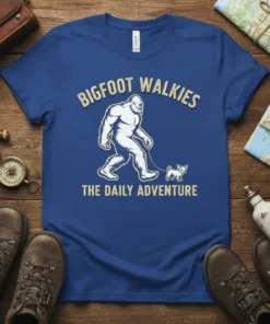 BIGFOOT WALKIES THE DAILY ADVENTURE text design with Bigfoot walking a small dog, white and yellow on blue t-shirt