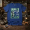 Bigfoot walking a dachshund on a leash, text reads "BIGFOOT WALKING HIS DOG" in a stylized font