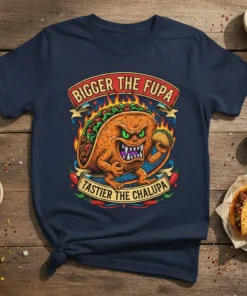 Bigger the Fupa Tastier the Chalupa funny taco graphic tee with fiery details and monstrous taco character