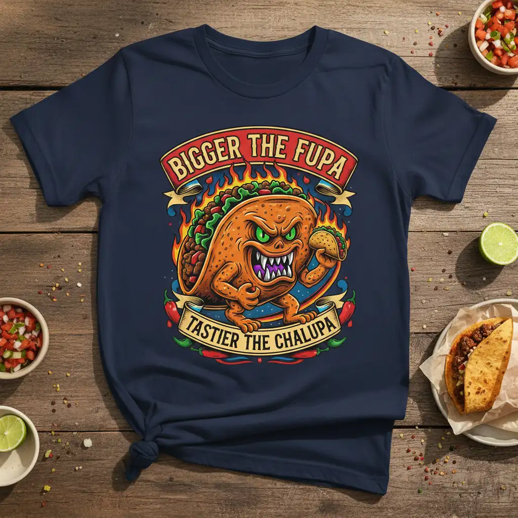 Bigger the Fupa Tastier the Chalupa humorous taco design with fiery accents and a monster taco character