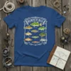 Bigmouth Bass Fish Chart T-Shirt featuring illustrations of various freshwater fish with their names labeled, including perch, trout, carp, and