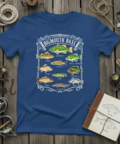 Bigmouth Bass Fish Chart T-Shirt featuring illustrations of various freshwater fish with their names labeled, including perch, trout, carp, and