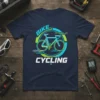 BIKE CYCLING text design with a stylized bicycle graphic in blue and green on a navy t-shirt