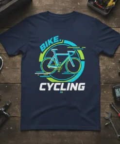 BIKE CYCLING text design with a stylized bicycle graphic in blue and green on a navy t-shirt