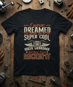 Biker Grandma rocking it quote on black t-shirt, "I never DREAMED I'd grow up to be SUPER COOL but here