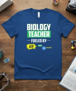 Biology Teacher Fueled By ATP T-Shirt with science graphics and text "Biology Teacher Fueled By ATP"