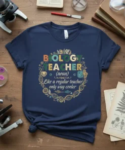 Biology Teacher (noun) Like a regular teacher only way cooler quote on a navy t-shirt, featuring floral and DNA graphics