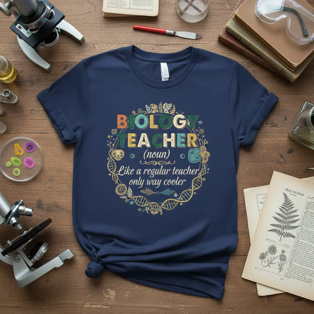 BIOLOGY TEACHER (noun) Like a regular teacher only way cooler quote on navy tee with floral and DNA design