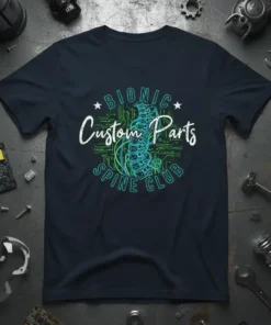 Bionic Custom Parts Spine Club t-shirt with futuristic circuit board and blue-green spine graphic