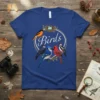 Blue t-shirt with the word "Birds" in elegant script surrounded by various colorful bird illustrations and a nest with eggs