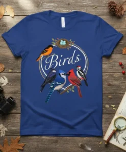 Blue t-shirt with the word "Birds" in elegant script surrounded by various colorful bird illustrations and a nest with eggs