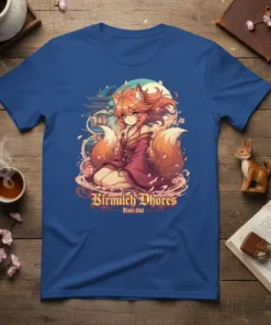 Anime kitsune girl with multiple tails wearing a kimono, text 'Birmich Dhores Bate Ani' on a blue t-shirt