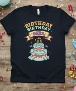 Birthday Birthday Girl text with a colorful birthday cake graphic on a black t-shirt